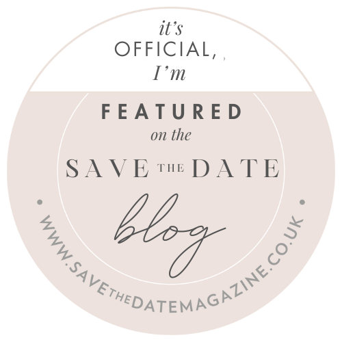 Circular graphic announcing an official blog feature on a save-the-date magazine website.