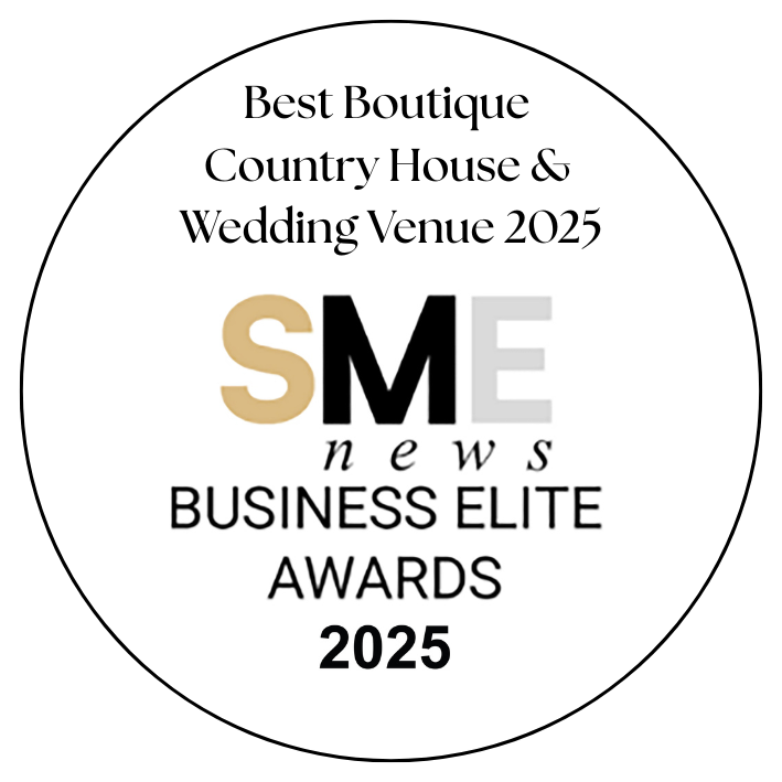 Circular logo for the 2025 Business Elite Awards, recognizing Best Boutique Country House & Wedding Venue, presented by SME News.